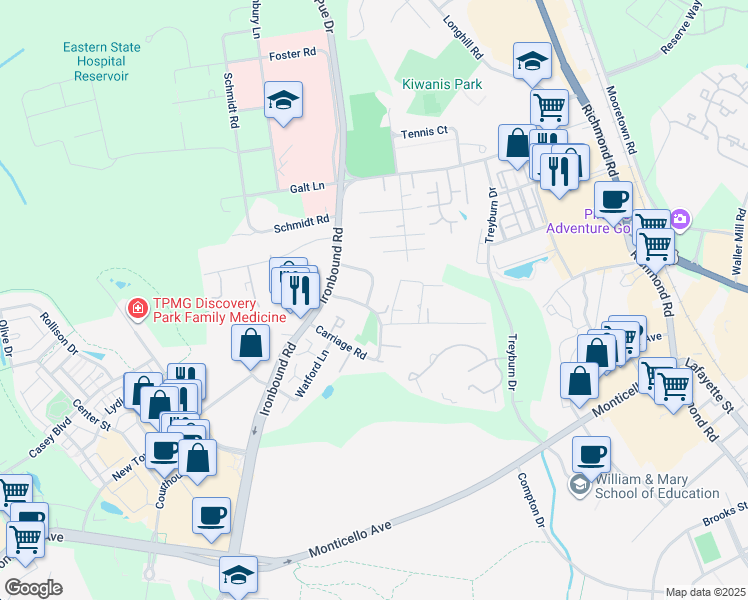 map of restaurants, bars, coffee shops, grocery stores, and more near 5363 Palmer Lane in Williamsburg