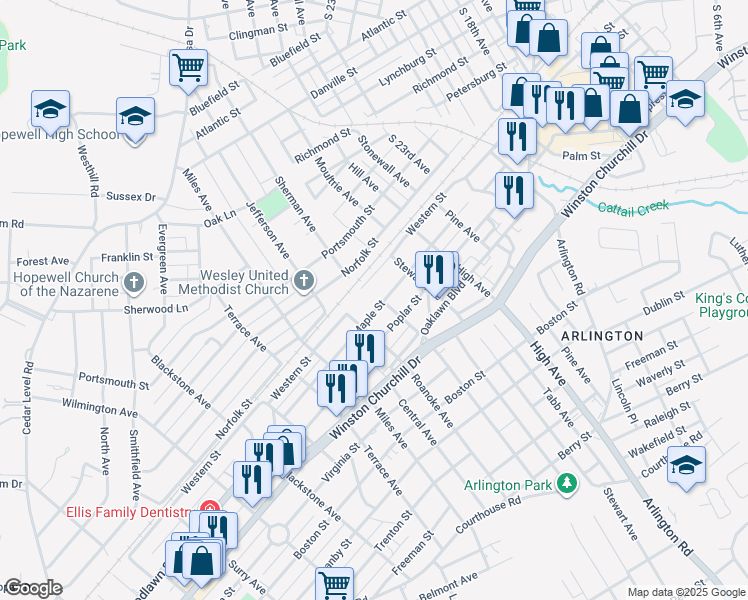 map of restaurants, bars, coffee shops, grocery stores, and more near 2811 Maple Street in Hopewell