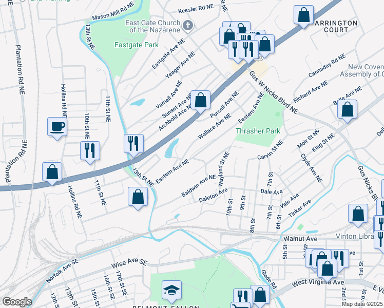 map of restaurants, bars, coffee shops, grocery stores, and more near 1515 Eastern Avenue Northeast in Roanoke