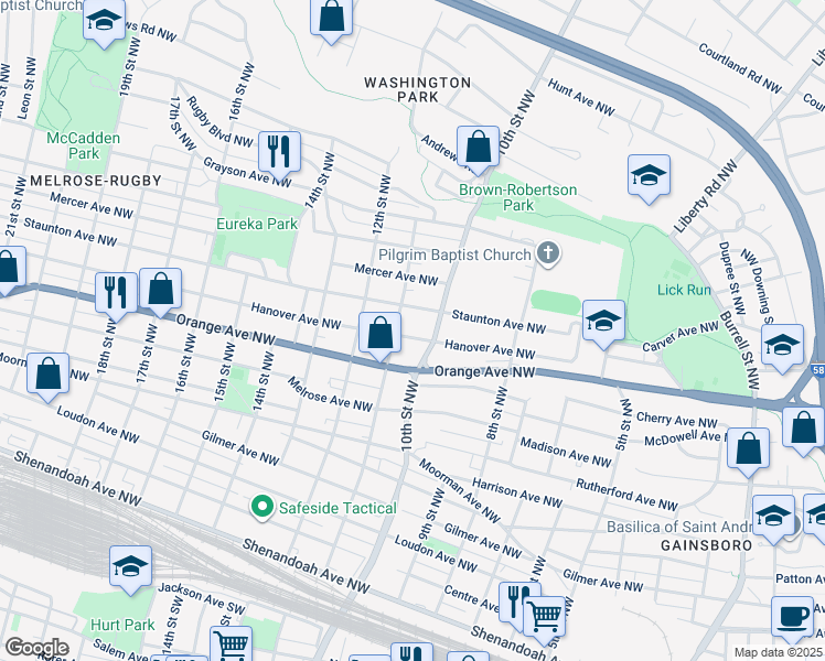 map of restaurants, bars, coffee shops, grocery stores, and more near 1020 Hanover Avenue Northwest in Roanoke