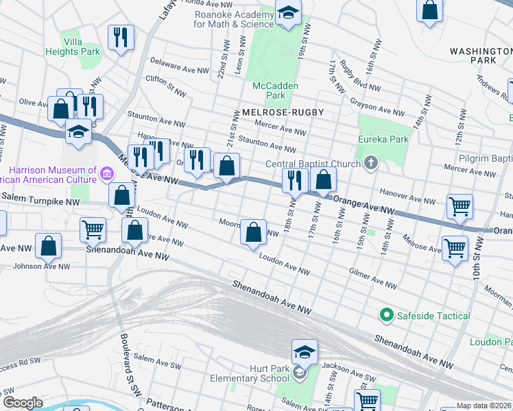 map of restaurants, bars, coffee shops, grocery stores, and more near 501 19th Street Northwest in Roanoke