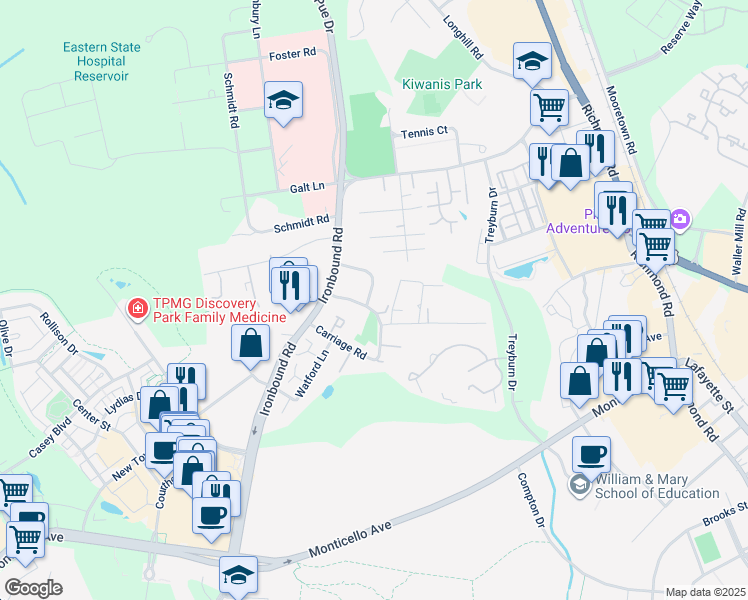 map of restaurants, bars, coffee shops, grocery stores, and more near 5363 Palmer Lane in Williamsburg