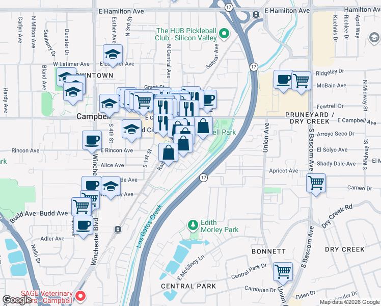 map of restaurants, bars, coffee shops, grocery stores, and more near 410 Robin Ridge Way in Campbell