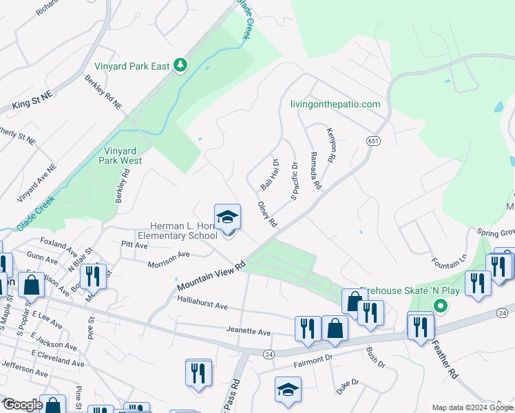 map of restaurants, bars, coffee shops, grocery stores, and more near 909 Olney Road in Vinton