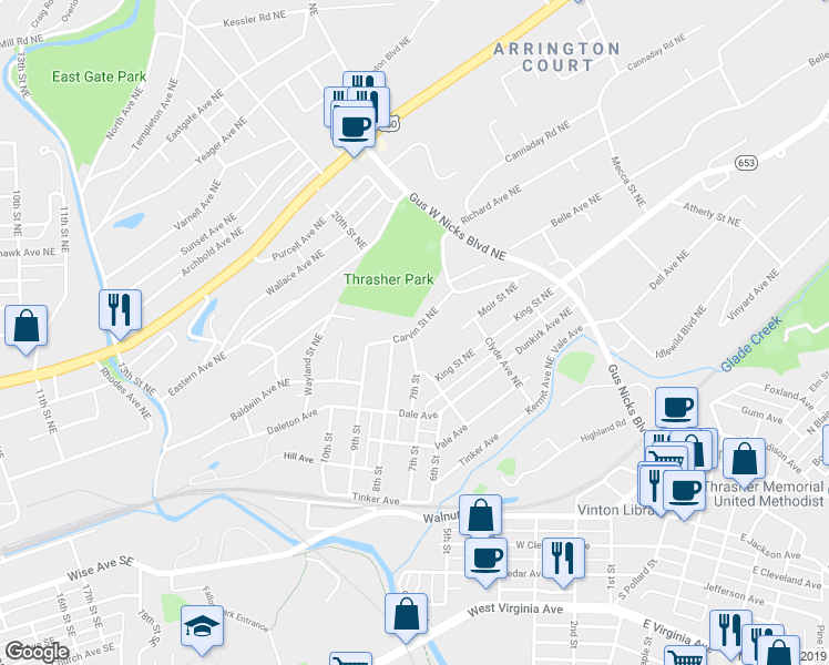 map of restaurants, bars, coffee shops, grocery stores, and more near 2201 Carvin Street Northeast in Roanoke