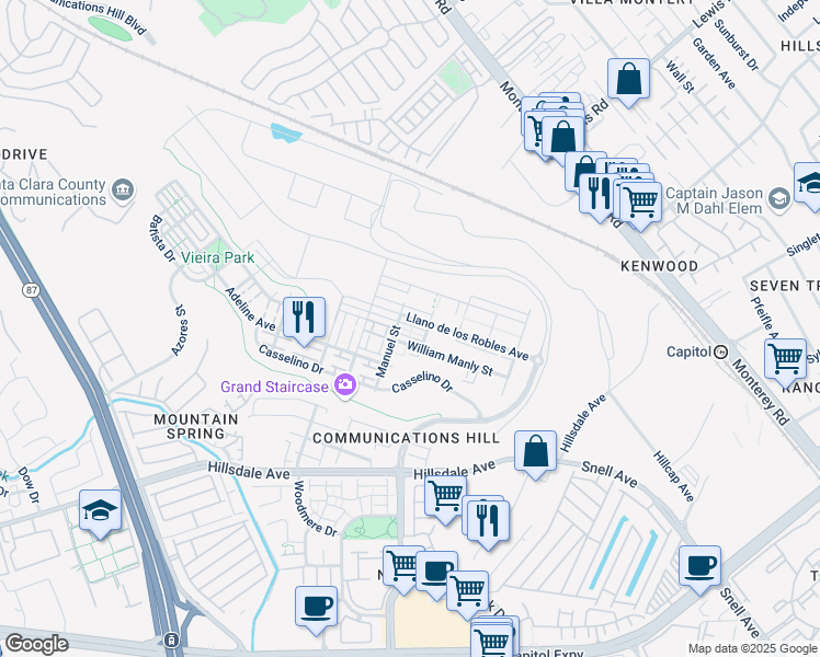 map of restaurants, bars, coffee shops, grocery stores, and more near 280 William Manly Street in San Jose