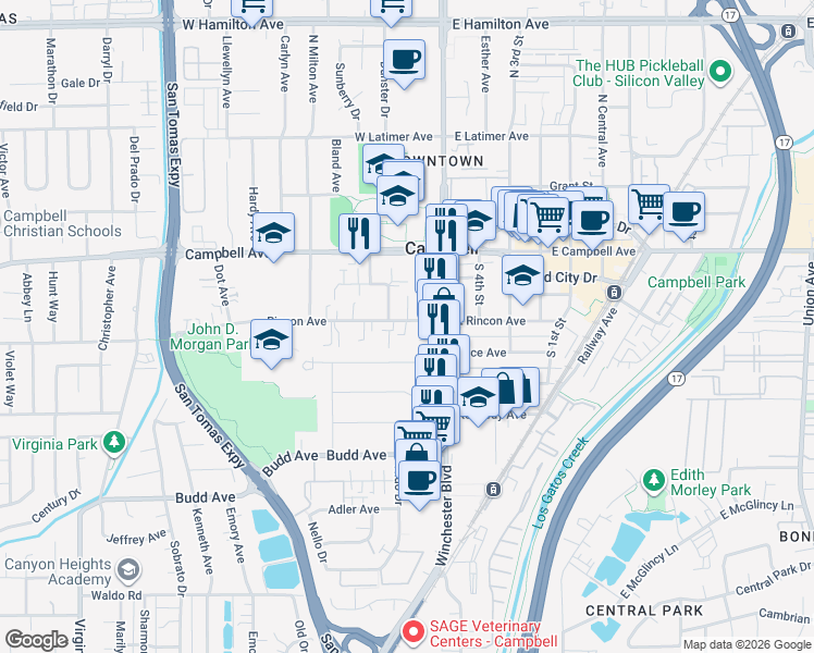 map of restaurants, bars, coffee shops, grocery stores, and more near 89 Cherry Lane in Campbell