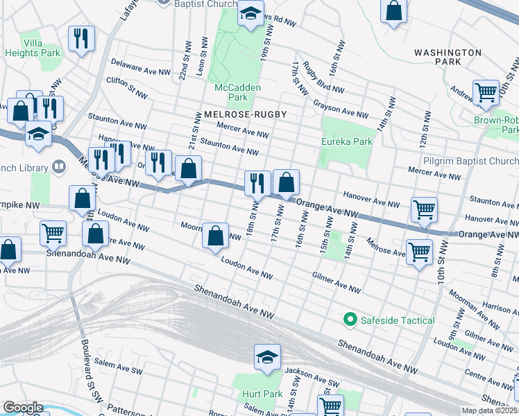 map of restaurants, bars, coffee shops, grocery stores, and more near 598 18th Street Northwest in Roanoke