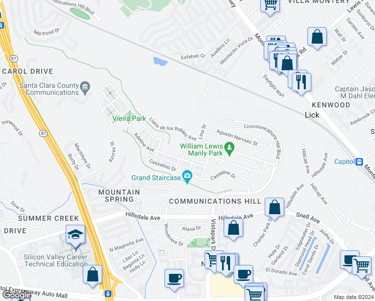 map of restaurants, bars, coffee shops, grocery stores, and more near 3088 Empoli Lane in San Jose