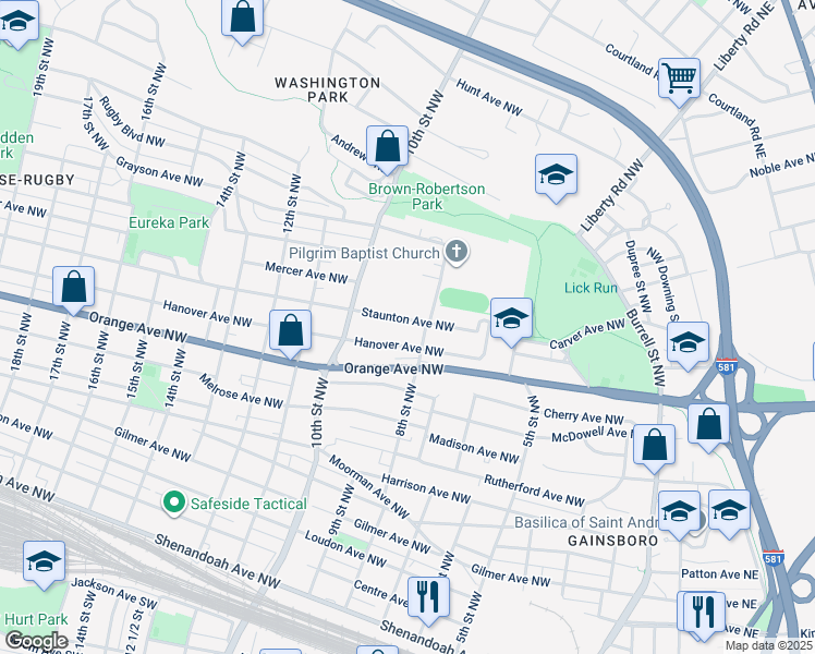 map of restaurants, bars, coffee shops, grocery stores, and more near 816 Staunton Avenue Northwest in Roanoke
