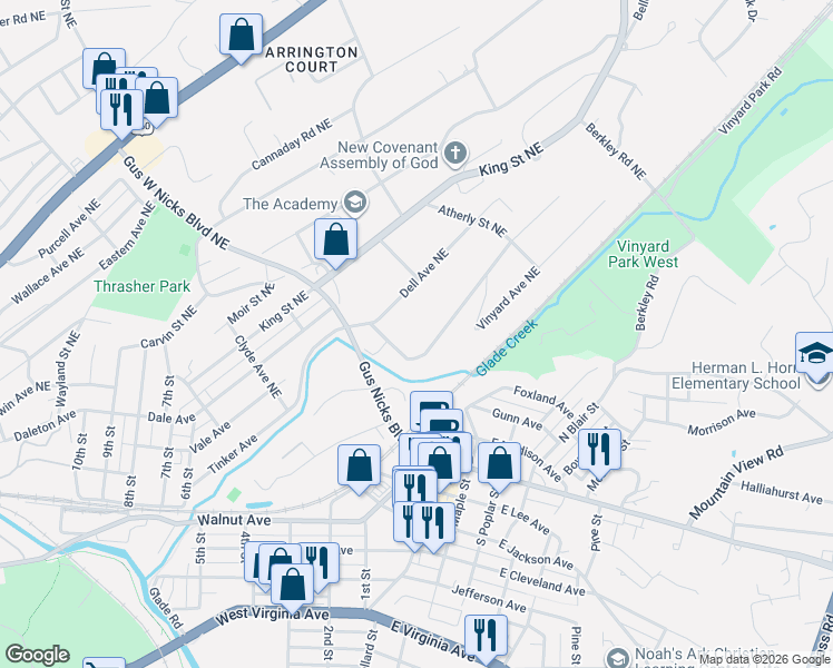 map of restaurants, bars, coffee shops, grocery stores, and more near 2648 Idlewild Boulevard Northeast in Roanoke