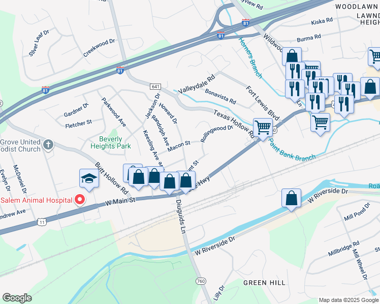 map of restaurants, bars, coffee shops, grocery stores, and more near 2612 Macon Street in Salem