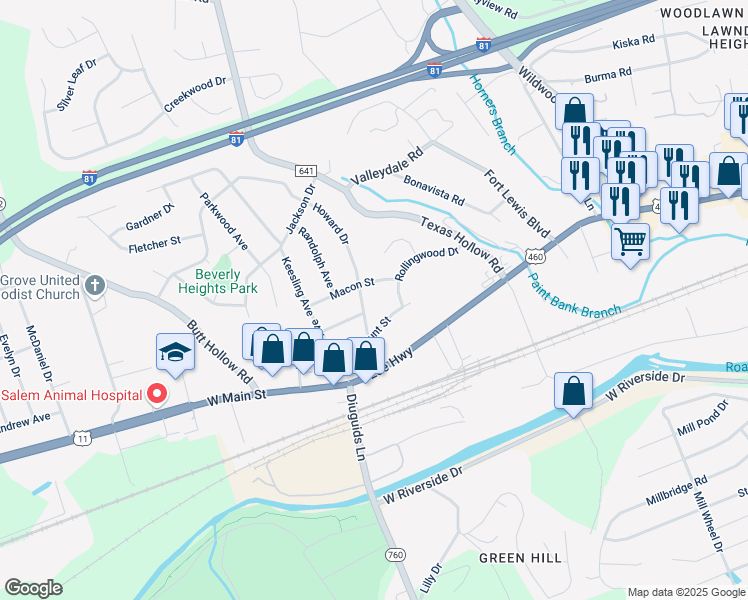 map of restaurants, bars, coffee shops, grocery stores, and more near 130 Howard Drive in Salem