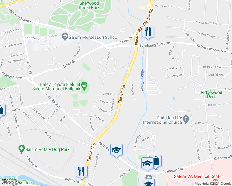map of restaurants, bars, coffee shops, grocery stores, and more near 596 Catawba Drive in Salem