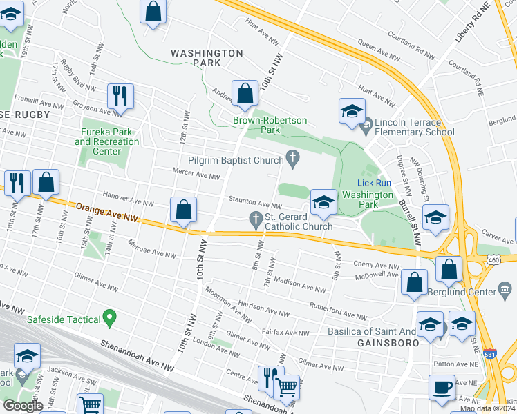 map of restaurants, bars, coffee shops, grocery stores, and more near 816 Staunton Avenue Northwest in Roanoke