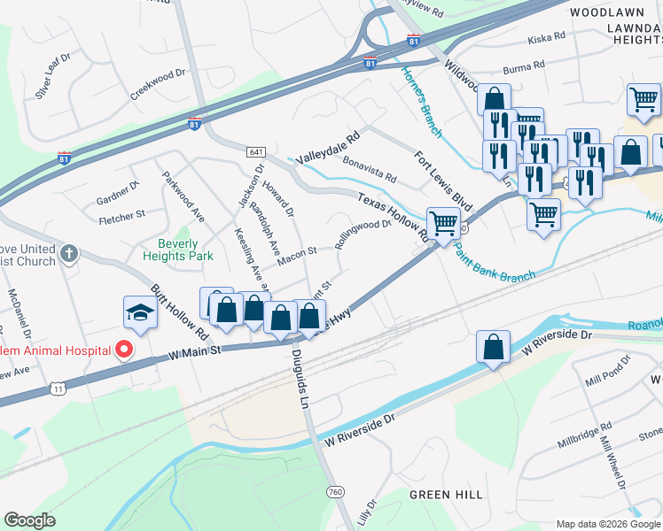 map of restaurants, bars, coffee shops, grocery stores, and more near 2612 Macon Street in Salem