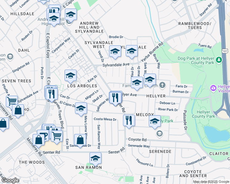 map of restaurants, bars, coffee shops, grocery stores, and more near 553 Hellyer Avenue in San Jose
