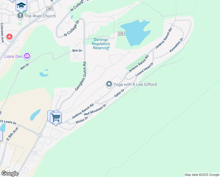 map of restaurants, bars, coffee shops, grocery stores, and more near 144 Pinnacle Place in Durango