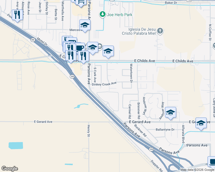 map of restaurants, bars, coffee shops, grocery stores, and more near 174 Manzanita Avenue in Merced