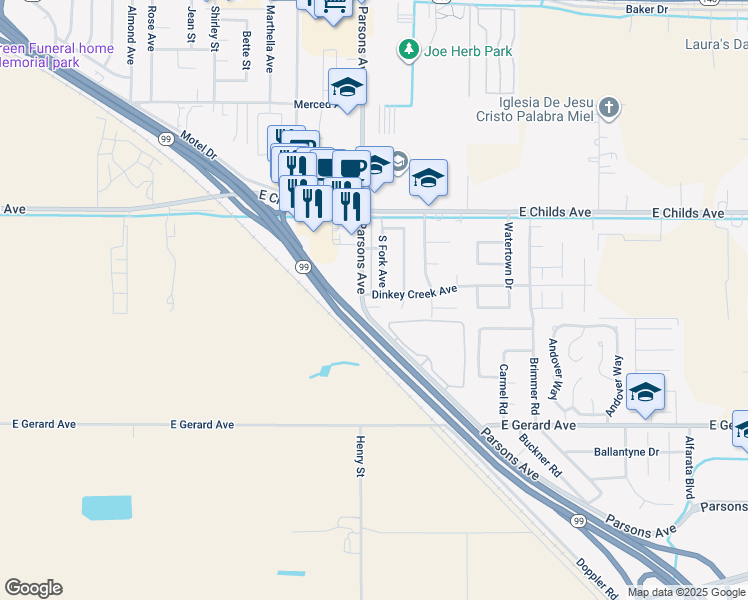 map of restaurants, bars, coffee shops, grocery stores, and more near 144 South Parsons Avenue in Merced