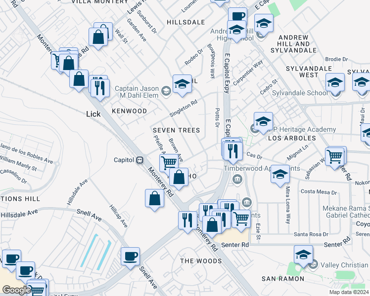 map of restaurants, bars, coffee shops, grocery stores, and more near 13084 Water Street in San Jose