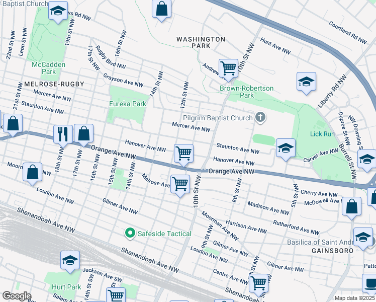 map of restaurants, bars, coffee shops, grocery stores, and more near 1120 Staunton Avenue Northwest in Roanoke