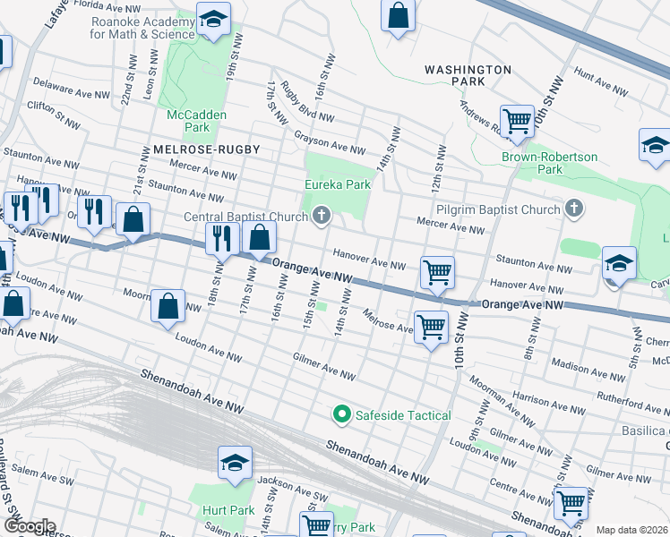 map of restaurants, bars, coffee shops, grocery stores, and more near 1423 Hanover Avenue Northwest in Roanoke