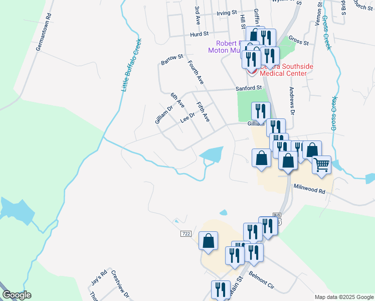 map of restaurants, bars, coffee shops, grocery stores, and more near 1411 Gilliam Drive in Farmville