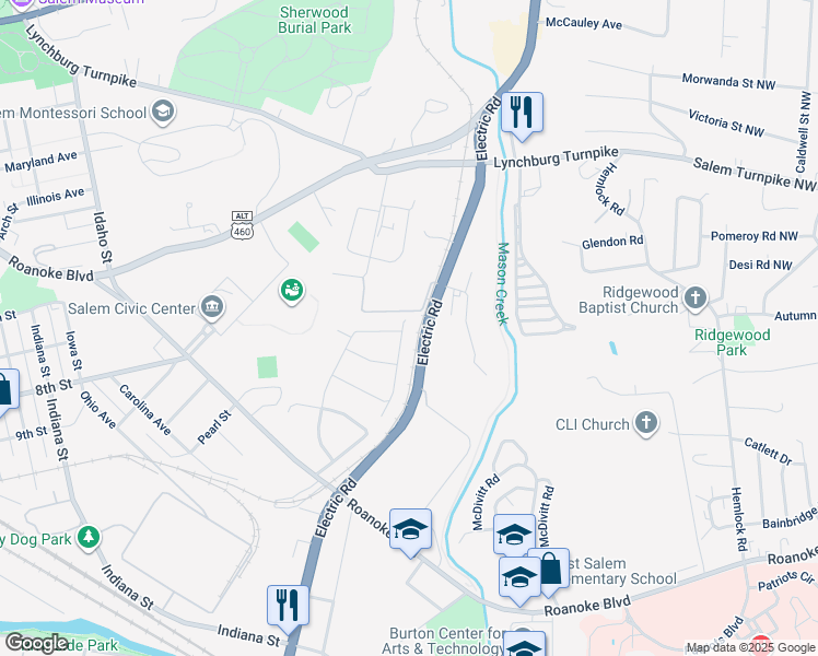 map of restaurants, bars, coffee shops, grocery stores, and more near 596 Catawba Drive in Salem