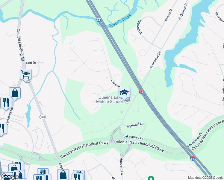 map of restaurants, bars, coffee shops, grocery stores, and more near 105 Spinnaker Way in Williamsburg