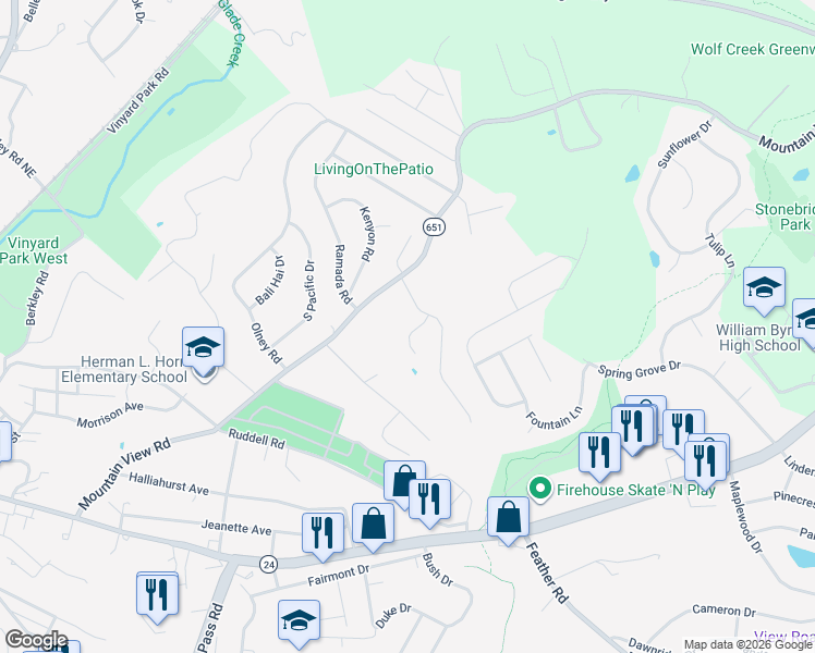 map of restaurants, bars, coffee shops, grocery stores, and more near 1615 Mountain View Road in Vinton