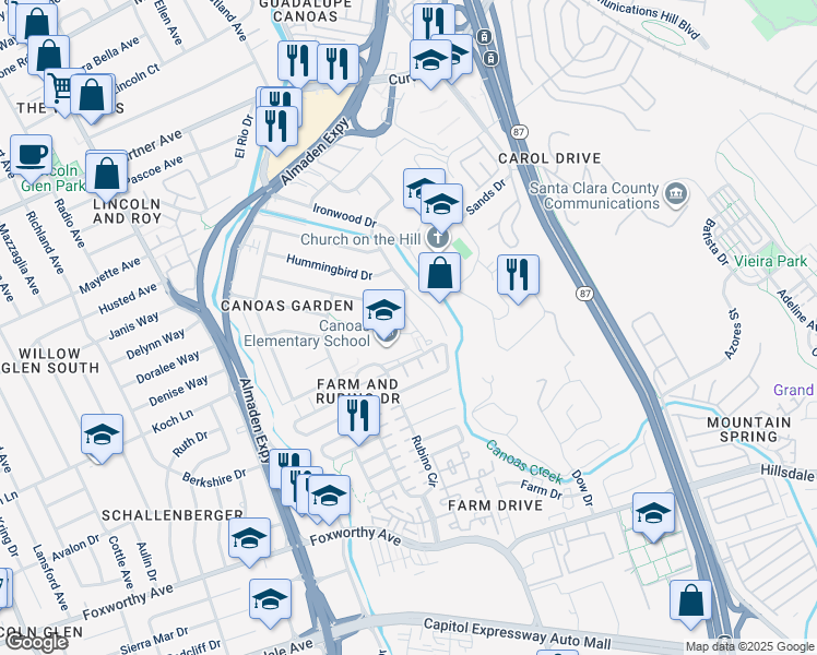 map of restaurants, bars, coffee shops, grocery stores, and more near 847 Wren Drive in San Jose