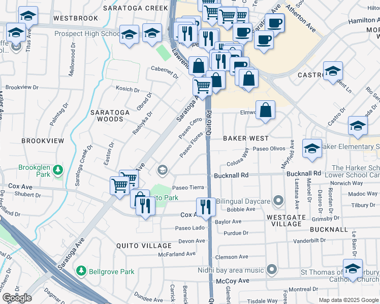 map of restaurants, bars, coffee shops, grocery stores, and more near 12584 Paseo Flores in Saratoga