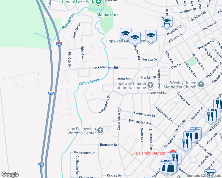 map of restaurants, bars, coffee shops, grocery stores, and more near 116 Cobblestone Drive in Hopewell