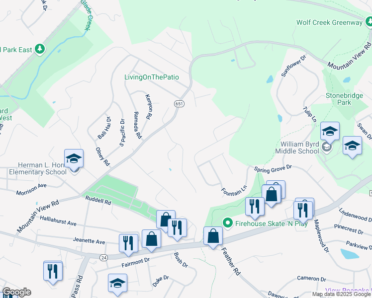 map of restaurants, bars, coffee shops, grocery stores, and more near 1708 Meadows Road in Vinton