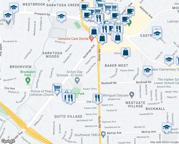 map of restaurants, bars, coffee shops, grocery stores, and more near 12584 Paseo Flores in Saratoga