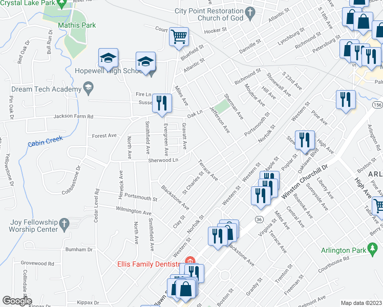 map of restaurants, bars, coffee shops, grocery stores, and more near 514 Terrace Avenue in Hopewell