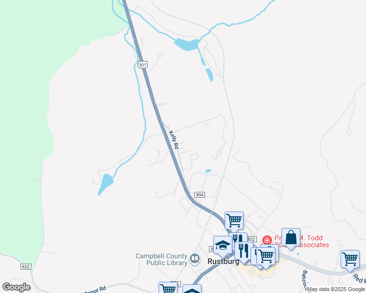 map of restaurants, bars, coffee shops, grocery stores, and more near 176 Kelly Road in Rustburg