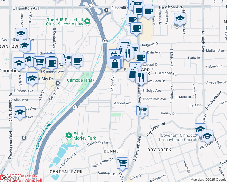 map of restaurants, bars, coffee shops, grocery stores, and more near 201 Michael Drive in Campbell
