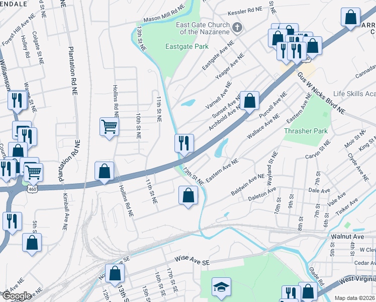 map of restaurants, bars, coffee shops, grocery stores, and more near 1344 Archbold Avenue Northeast in Roanoke