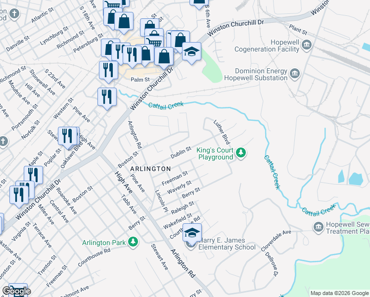 map of restaurants, bars, coffee shops, grocery stores, and more near 2205 Dublin Street in Hopewell