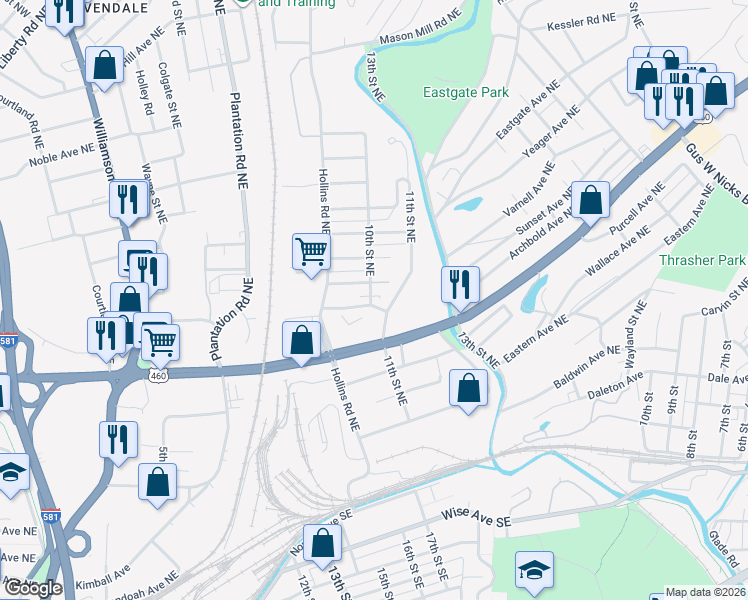 map of restaurants, bars, coffee shops, grocery stores, and more near 940 Georgia Avenue Northeast in Roanoke