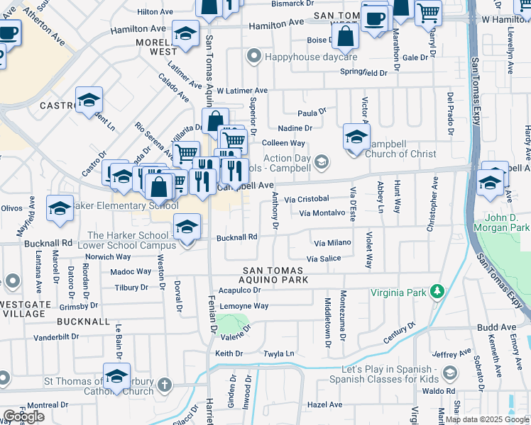 map of restaurants, bars, coffee shops, grocery stores, and more near 2040 Orestes Way in Campbell