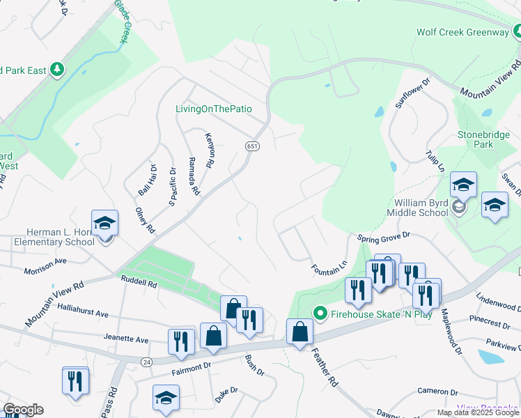 map of restaurants, bars, coffee shops, grocery stores, and more near 1708 Meadows Road in Vinton