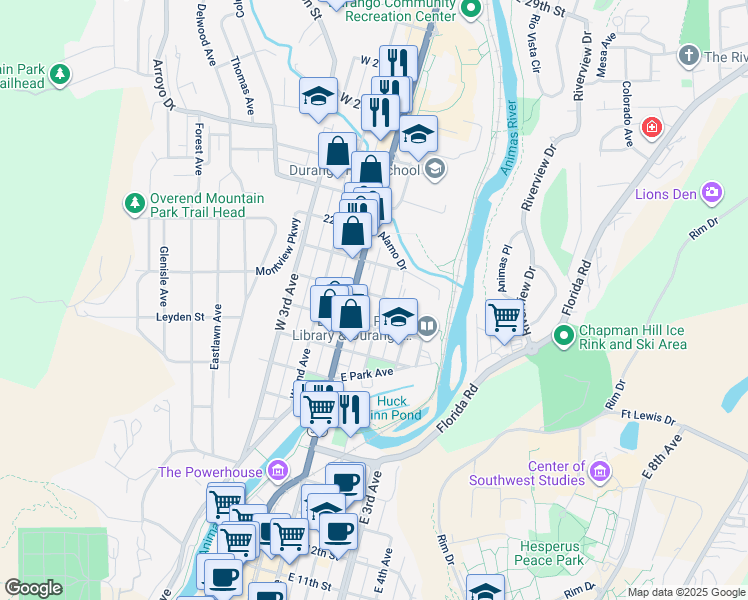 map of restaurants, bars, coffee shops, grocery stores, and more near 2051 East 2nd Avenue in Durango