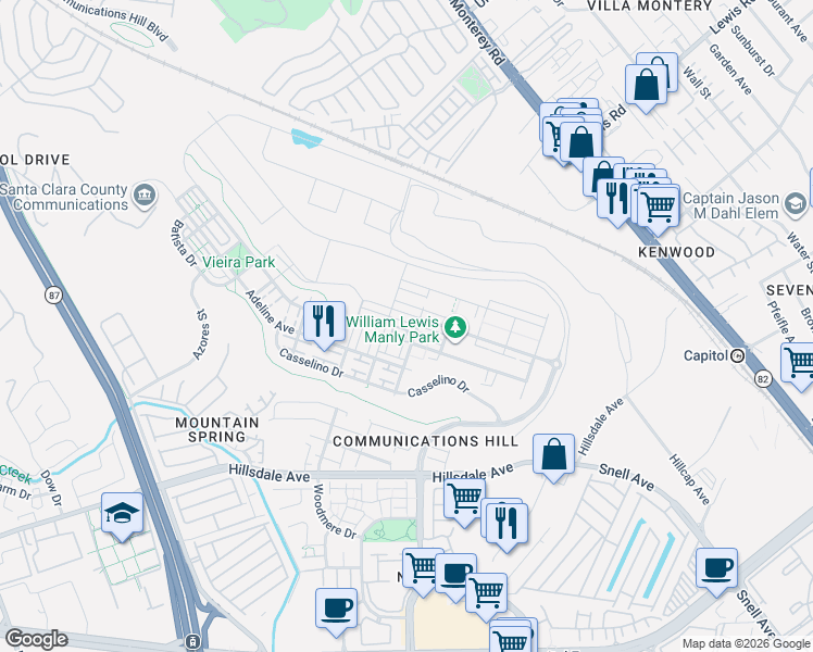 map of restaurants, bars, coffee shops, grocery stores, and more near 337 Llano de los Robles Avenue in San Jose