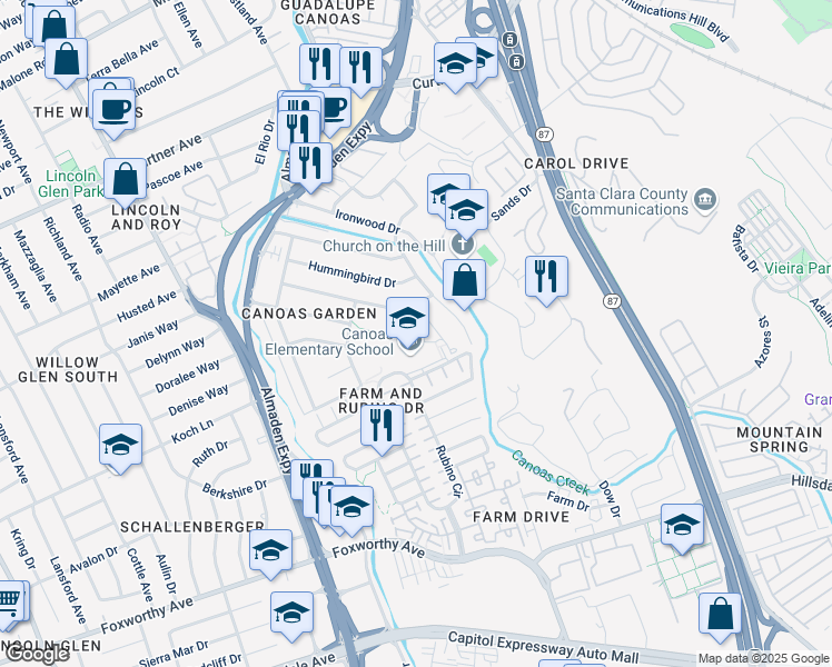 map of restaurants, bars, coffee shops, grocery stores, and more near 864 Kingfisher Drive in San Jose