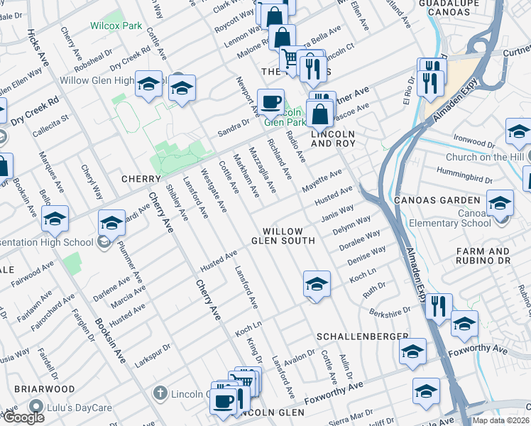 map of restaurants, bars, coffee shops, grocery stores, and more near 2379 Markham Avenue in San Jose