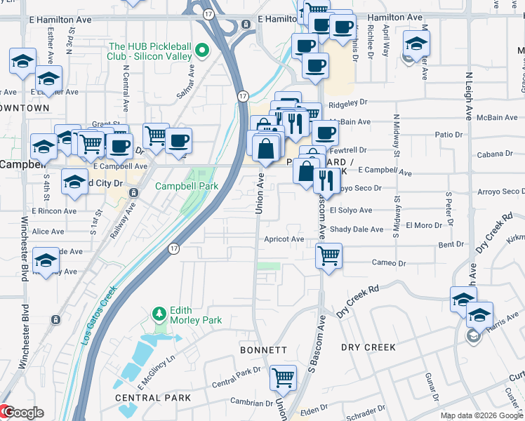 map of restaurants, bars, coffee shops, grocery stores, and more near 78 Union Avenue in Campbell