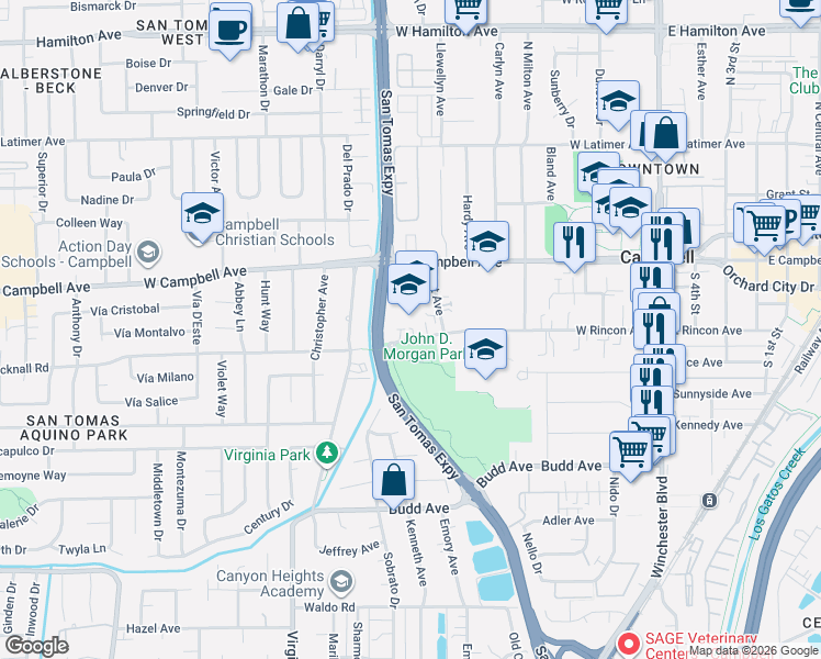 map of restaurants, bars, coffee shops, grocery stores, and more near 95 Dot Avenue in Campbell